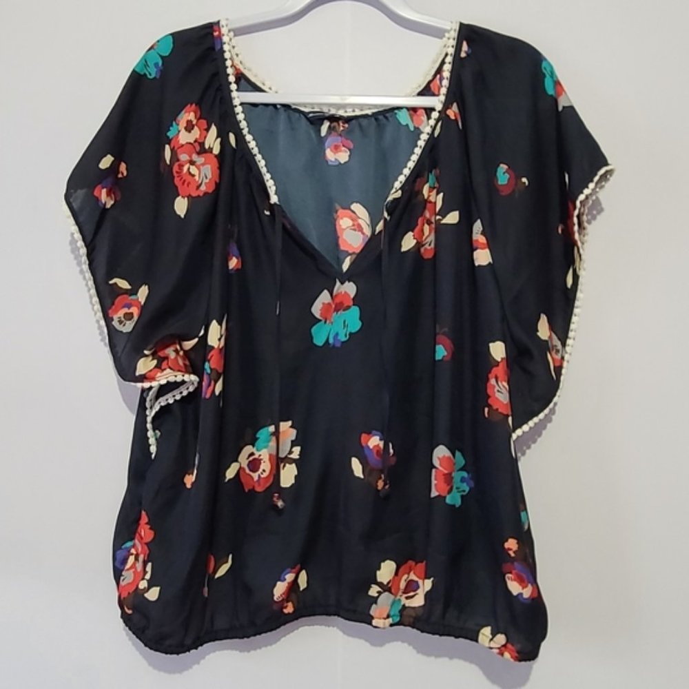 American Eagle Outfitters blue v-neck floral boho peasant blouse
